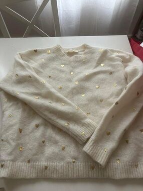 Sezane Cream Crewneck Sweater with Gold Heart Accents